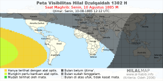HilalMap: Peta Visibilitas Hilal Dzulqaidah 1302 H: rukyat tanggal 1885-8-10 M