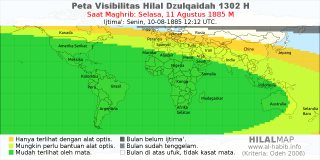 HilalMap: Peta Visibilitas Hilal Dzulqaidah 1302 H: rukyat tanggal 1885-8-11 M