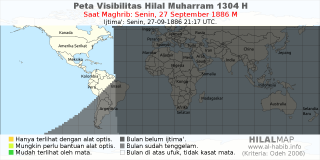 HilalMap: Peta Visibilitas Hilal Muharram 1304 H: rukyat tanggal 1886-9-27 M