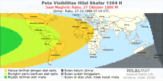 HilalMap: Peta Visibilitas Hilal Shafar 1304 H: rukyat tanggal 1886-10-27 M
