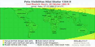 HilalMap: Peta Visibilitas Hilal Shafar 1304 H: rukyat tanggal 1886-10-28 M