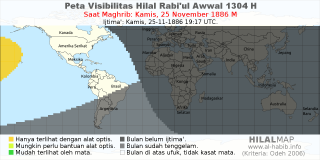 HilalMap: Peta Visibilitas Hilal Rabiul-Awwal 1304 H: rukyat tanggal 1886-11-25 M