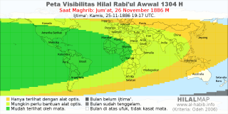 HilalMap: Peta Visibilitas Hilal Rabiul-Awwal 1304 H: rukyat tanggal 1886-11-26 M