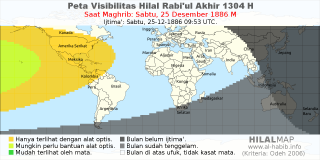 HilalMap: Peta Visibilitas Hilal Rabiul-Akhir 1304 H: rukyat tanggal 1886-12-25 M