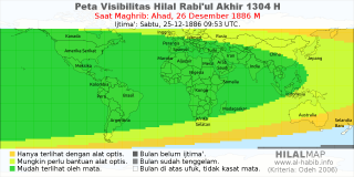 HilalMap: Peta Visibilitas Hilal Rabiul-Akhir 1304 H: rukyat tanggal 1886-12-26 M