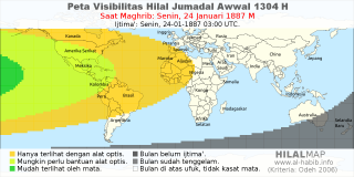 HilalMap: Peta Visibilitas Hilal Jumadal-Awwal 1304 H: rukyat tanggal 1887-1-24 M