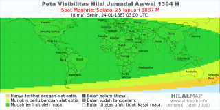 HilalMap: Peta Visibilitas Hilal Jumadal-Awwal 1304 H: rukyat tanggal 1887-1-25 M