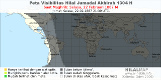 HilalMap: Peta Visibilitas Hilal Jumadal-Akhirah 1304 H: rukyat tanggal 1887-2-22 M