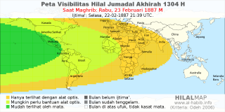 HilalMap: Peta Visibilitas Hilal Jumadal-Akhirah 1304 H: rukyat tanggal 1887-2-23 M
