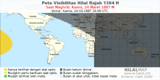 HilalMap: Peta Visibilitas Hilal Rajab 1304 H: rukyat tanggal 1887-3-24 M