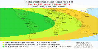 HilalMap: Peta Visibilitas Hilal Rajab 1304 H: rukyat tanggal 1887-3-25 M