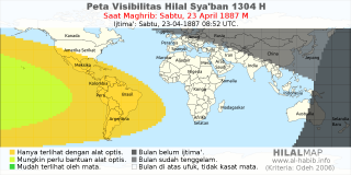 HilalMap: Peta Visibilitas Hilal Syaban 1304 H: rukyat tanggal 1887-4-23 M