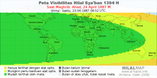 HilalMap: Peta Visibilitas Hilal Syaban 1304 H: rukyat tanggal 1887-4-24 M