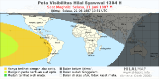 HilalMap: Peta Visibilitas Hilal Syawwal 1304 H: rukyat tanggal 1887-6-21 M