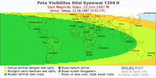 HilalMap: Peta Visibilitas Hilal Syawwal 1304 H: rukyat tanggal 1887-6-22 M