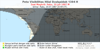 HilalMap: Peta Visibilitas Hilal Dzulqaidah 1304 H: rukyat tanggal 1887-7-20 M