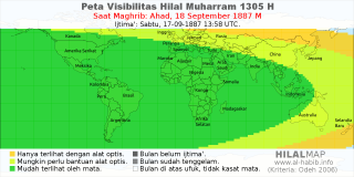 HilalMap: Peta Visibilitas Hilal Muharram 1305 H: rukyat tanggal 1887-9-18 M