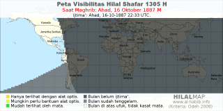 HilalMap: Peta Visibilitas Hilal Shafar 1305 H: rukyat tanggal 1887-10-16 M