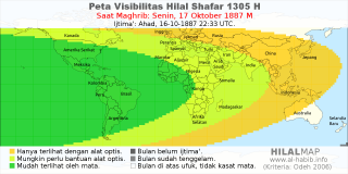HilalMap: Peta Visibilitas Hilal Shafar 1305 H: rukyat tanggal 1887-10-17 M