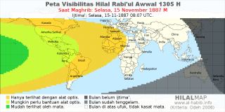 HilalMap: Peta Visibilitas Hilal Rabiul-Awwal 1305 H: rukyat tanggal 1887-11-15 M