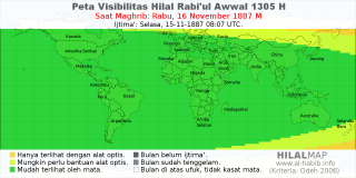 HilalMap: Peta Visibilitas Hilal Rabiul-Awwal 1305 H: rukyat tanggal 1887-11-16 M