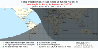 HilalMap: Peta Visibilitas Hilal Rabiul-Akhir 1305 H: rukyat tanggal 1887-12-14 M