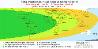 HilalMap: Peta Visibilitas Hilal Rabiul-Akhir 1305 H: rukyat tanggal 1887-12-15 M
