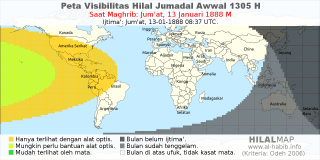 HilalMap: Peta Visibilitas Hilal Jumadal-Awwal 1305 H: rukyat tanggal 1888-1-13 M