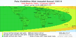 HilalMap: Peta Visibilitas Hilal Jumadal-Awwal 1305 H: rukyat tanggal 1888-1-14 M