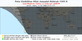 HilalMap: Peta Visibilitas Hilal Jumadal-Akhirah 1305 H: rukyat tanggal 1888-2-11 M