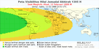 HilalMap: Peta Visibilitas Hilal Jumadal-Akhirah 1305 H: rukyat tanggal 1888-2-12 M