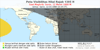 HilalMap: Peta Visibilitas Hilal Rajab 1305 H: rukyat tanggal 1888-3-12 M