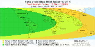 HilalMap: Peta Visibilitas Hilal Rajab 1305 H: rukyat tanggal 1888-3-13 M