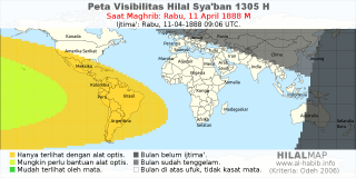 HilalMap: Peta Visibilitas Hilal Syaban 1305 H: rukyat tanggal 1888-4-11 M