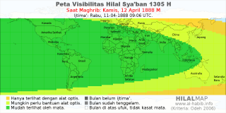HilalMap: Peta Visibilitas Hilal Syaban 1305 H: rukyat tanggal 1888-4-12 M