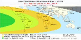 HilalMap: Peta Visibilitas Hilal Ramadhan 1305 H: rukyat tanggal 1888-5-11 M