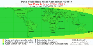 HilalMap: Peta Visibilitas Hilal Ramadhan 1305 H: rukyat tanggal 1888-5-12 M