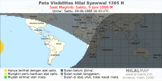 HilalMap: Peta Visibilitas Hilal Syawwal 1305 H: rukyat tanggal 1888-6-9 M