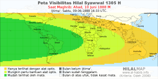 HilalMap: Peta Visibilitas Hilal Syawwal 1305 H: rukyat tanggal 1888-6-10 M