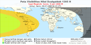 HilalMap: Peta Visibilitas Hilal Dzulqaidah 1305 H: rukyat tanggal 1888-7-9 M