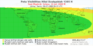 HilalMap: Peta Visibilitas Hilal Dzulqaidah 1305 H: rukyat tanggal 1888-7-10 M