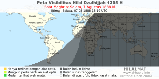 HilalMap: Peta Visibilitas Hilal Dzulhijjah 1305 H: rukyat tanggal 1888-8-7 M
