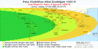 HilalMap: Peta Visibilitas Hilal Dzulhijjah 1305 H: rukyat tanggal 1888-8-8 M
