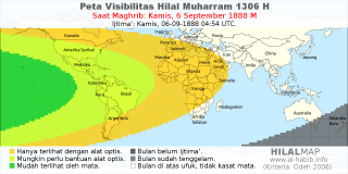HilalMap: Peta Visibilitas Hilal Muharram 1306 H: rukyat tanggal 1888-9-6 M