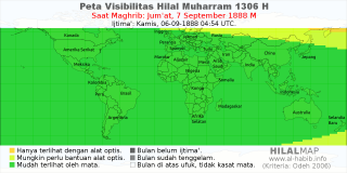 HilalMap: Peta Visibilitas Hilal Muharram 1306 H: rukyat tanggal 1888-9-7 M