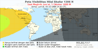 HilalMap: Peta Visibilitas Hilal Shafar 1306 H: rukyat tanggal 1888-10-5 M