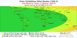 HilalMap: Peta Visibilitas Hilal Shafar 1306 H: rukyat tanggal 1888-10-6 M