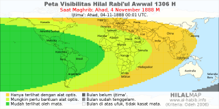 HilalMap: Peta Visibilitas Hilal Rabiul-Awwal 1306 H: rukyat tanggal 1888-11-4 M