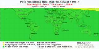 HilalMap: Peta Visibilitas Hilal Rabiul-Awwal 1306 H: rukyat tanggal 1888-11-5 M
