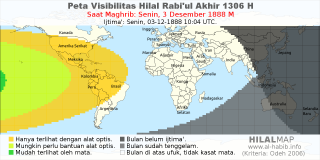 HilalMap: Peta Visibilitas Hilal Rabiul-Akhir 1306 H: rukyat tanggal 1888-12-3 M